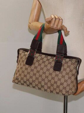 GUCCI GG Canvas Web Sherry Line Hand Bag Beige Silver 145759 Auth 119676
